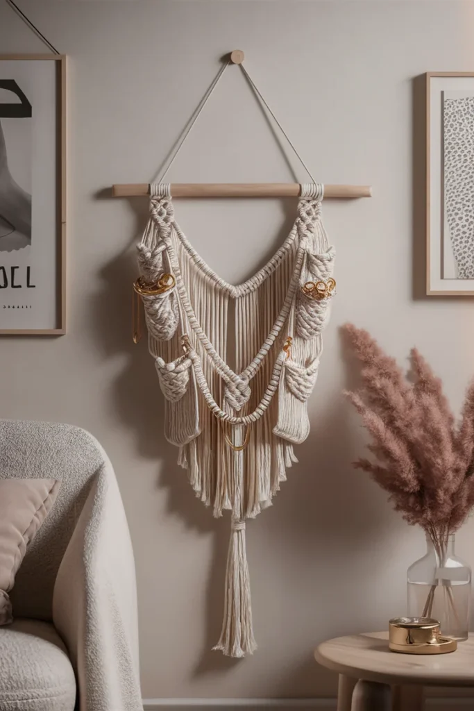 17+ Clever DIY Jewelry Storage Ideas to Keep Your Collection Tangle-Free 7 artistic image of a white macrame wall hanger with knotted
