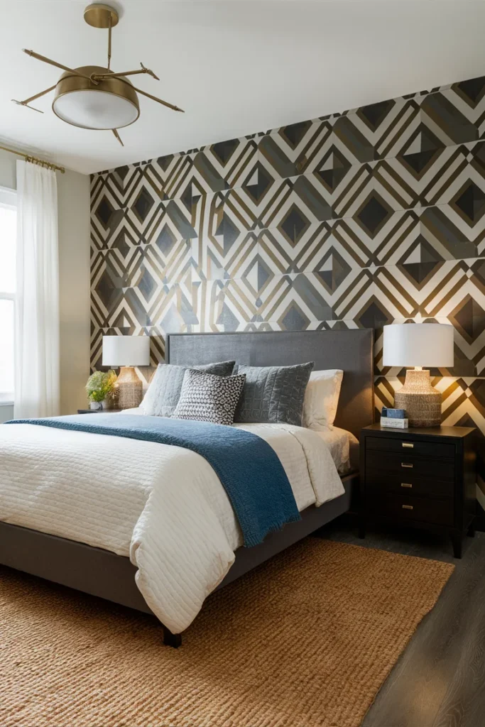 30 Aesthetic and Cute Bedroom Decor Ideas for Inspiration 12 bedroom with a bold geometric wallpaper F7DJtOvIQvS 16GsvT sDA Hb D1nlyRbyLOZhU fgTLw