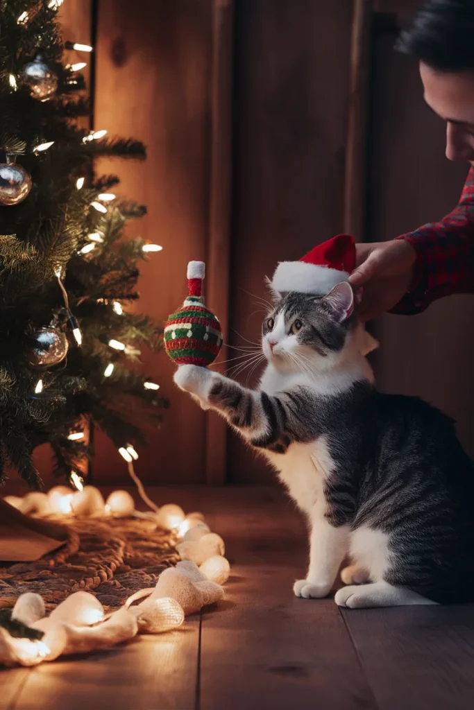 Christmas Tree Safety Tips for Pets You’ll Wish You Knew Sooner 13 cat using holiday themed toys near a Christmas tree