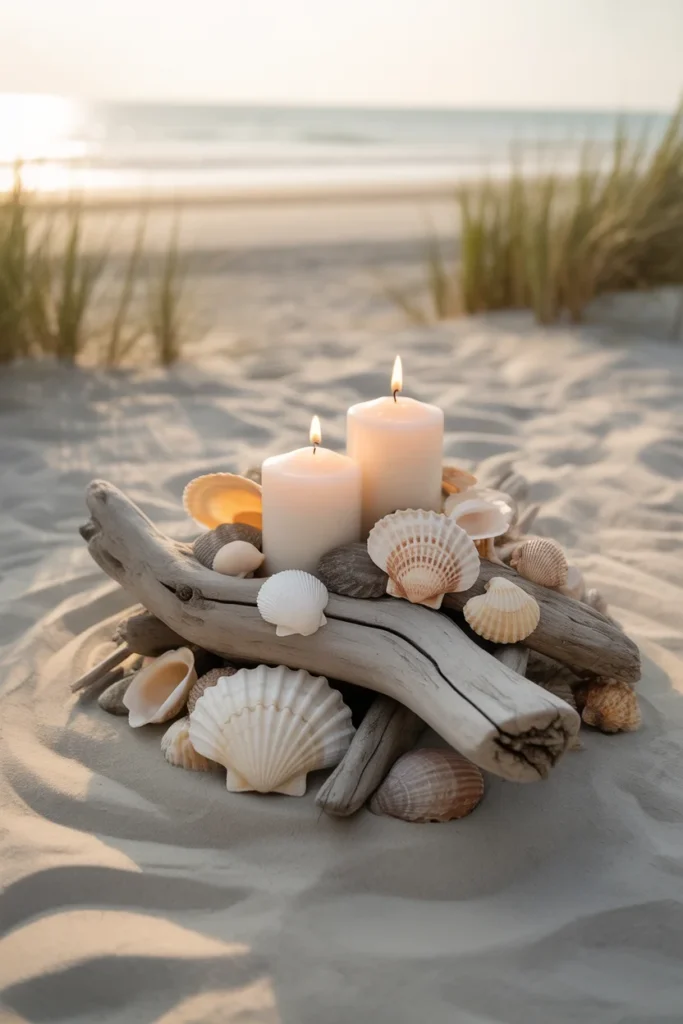 15 DIY Wedding Centerpieces Ideas to Elevate Your Special Day 11 centerpiece made with driftwood seashells and candles