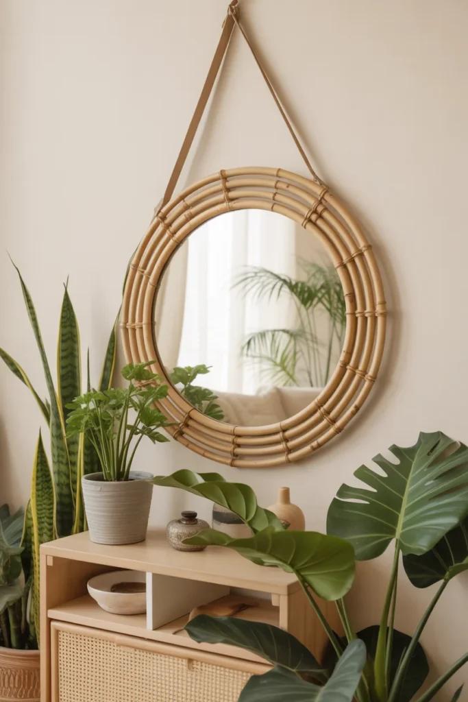 11 Bohemian Mirror Wall Decor Ideas to Elevate Your Space 11 circular mirror with a bamboo frame