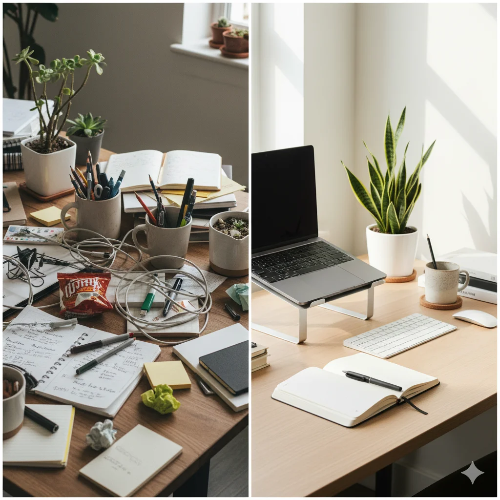 10 Refreshing Digital Detox Ideas to Unplug and Recharge 7 cluttered and an organized desk