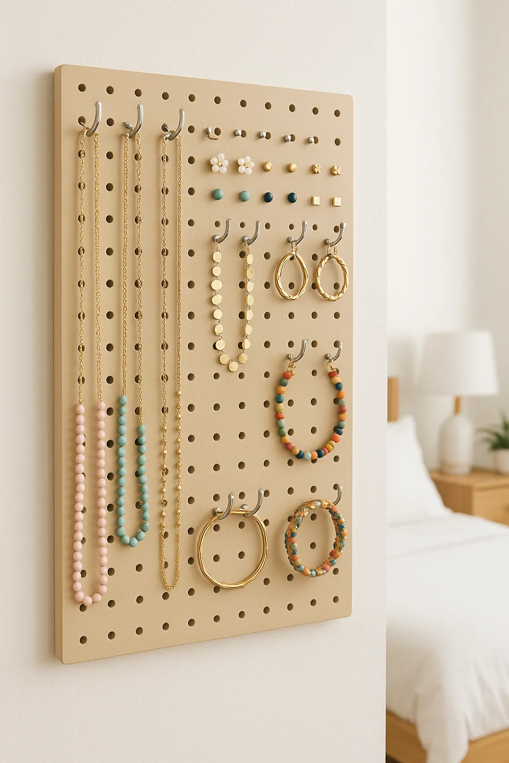 colorful pegboard mounted on a white wall