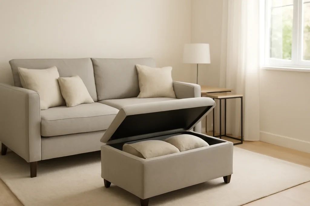 7 Tricks to Make a Small Living Room Look Bigger Instantly 4 compact living room with a sleek storage ottoman