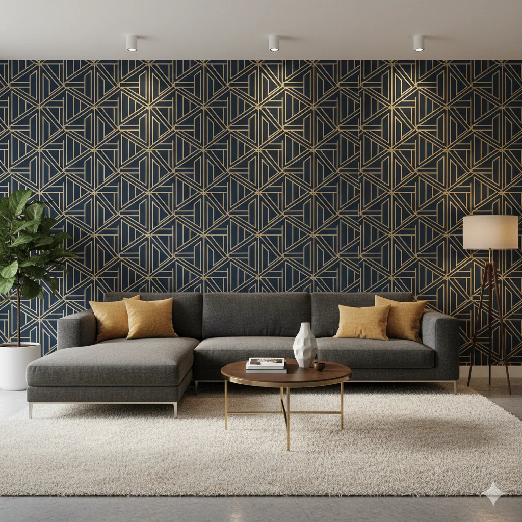 How to Decorate a Large Wall in Your Living Room: Creative and Stylish Ideas 6 contemporary living room with bold geometric wallpaper