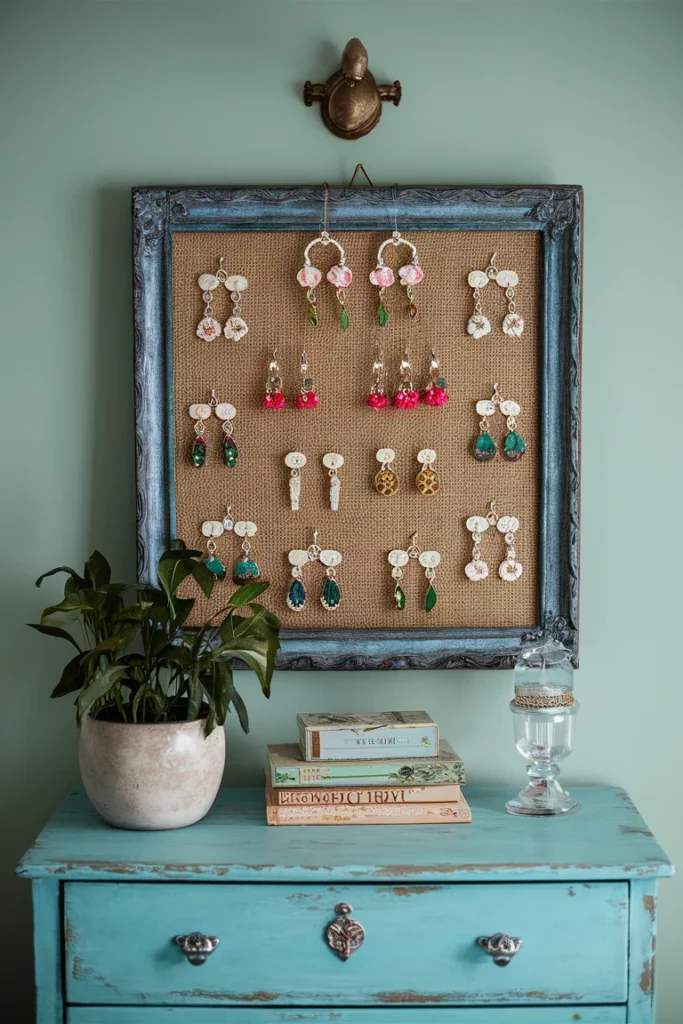 17+ Clever DIY Jewelry Storage Ideas to Keep Your Collection Tangle-Free 16 decorative frame with burlap backing