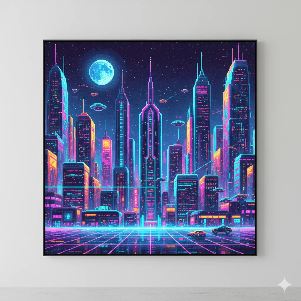10 Modern Wall Art Ideas to Transform Your Space – Stylish Home Decor Tips 8 digital pixel art wall piece depicting a futuristic city skyline