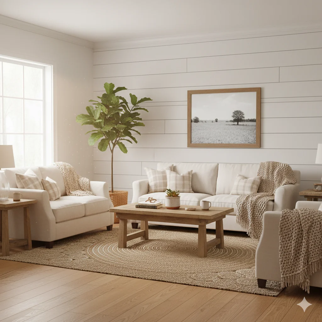 How to Decorate a Large Wall in Your Living Room: Creative and Stylish Ideas 7 farmhouse style living room with a shiplap wall