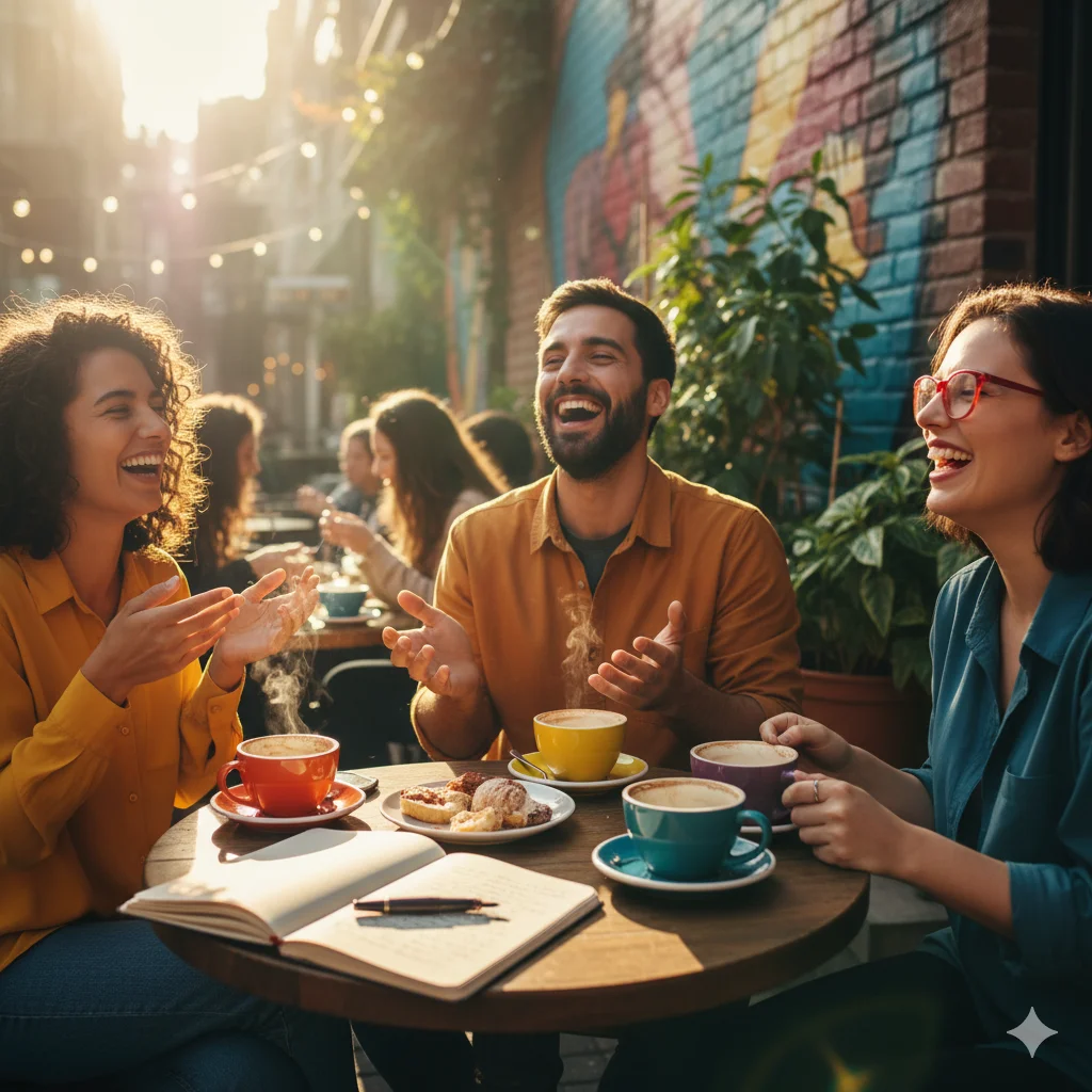 10 Refreshing Digital Detox Ideas to Unplug and Recharge 8 friends laughing over coffee at an outdoor cafe