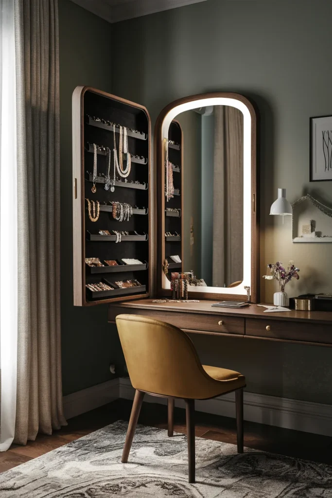 17+ Clever DIY Jewelry Storage Ideas to Keep Your Collection Tangle-Free 3 full length mirror on a wall that opens to reveal hidden shelves