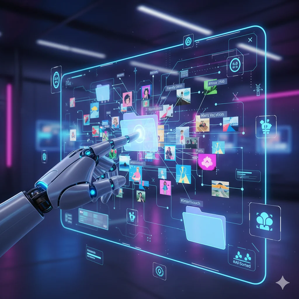 Smart Ways to Organize Your Photo Storage: Tips for a Clutter-Free Digital Life 4 futuristic scene of AI organizing photos