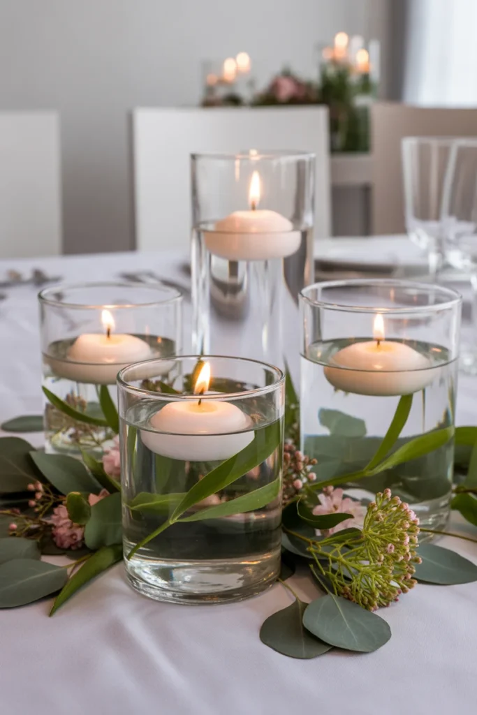 15 DIY Wedding Centerpieces Ideas to Elevate Your Special Day 4 glass vases with floating candles surrounded by greenery