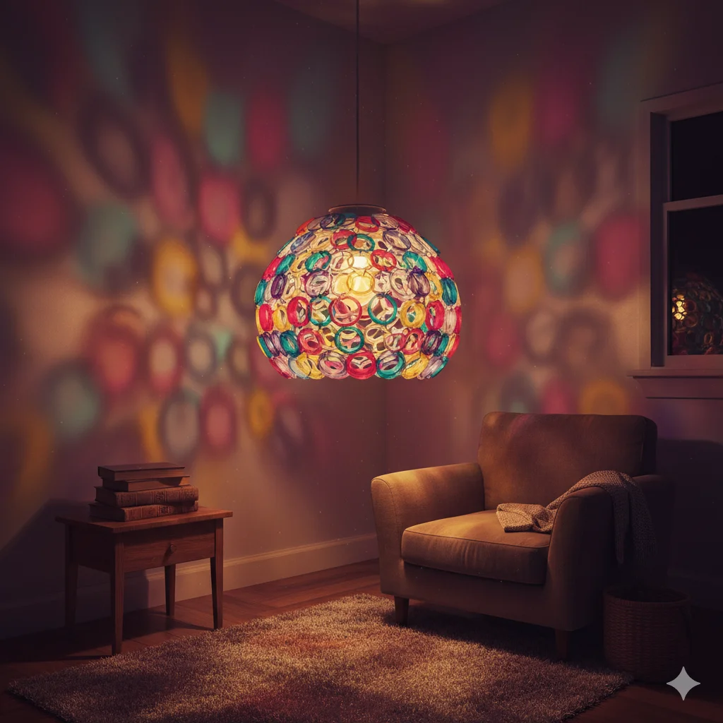 Plastic Bottle Hacks: 15 Easy Ways to Reuse Them Creatively 6 glowing lampshade made from sliced plastic bottle rings