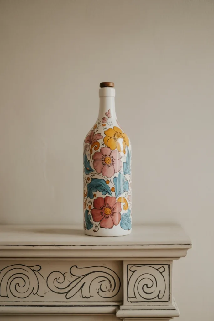15 Creative DIY Recycled Bottle Decorations for Your Home 10 hand painted bottle with intricate floral designs
