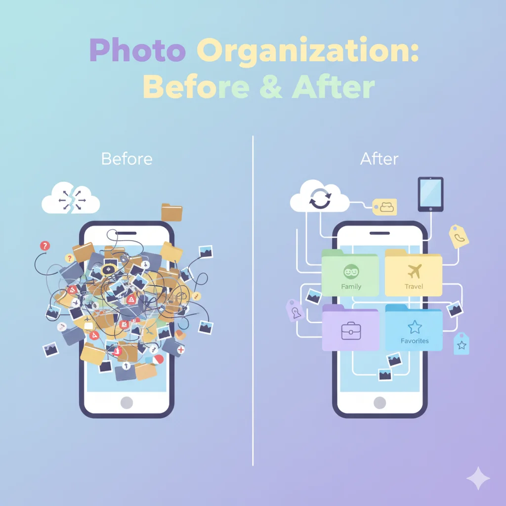 Smart Ways to Organize Your Photo Storage: Tips for a Clutter-Free Digital Life 2 infographic showing a before and after of a cluttered photo library