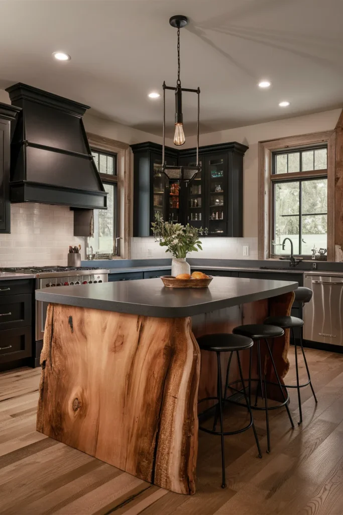 Industrial Kitchen with Wood Island and Brick Wall: Stylish & Functional Design Ideas 3 live edge wood kitchen island with a natural
