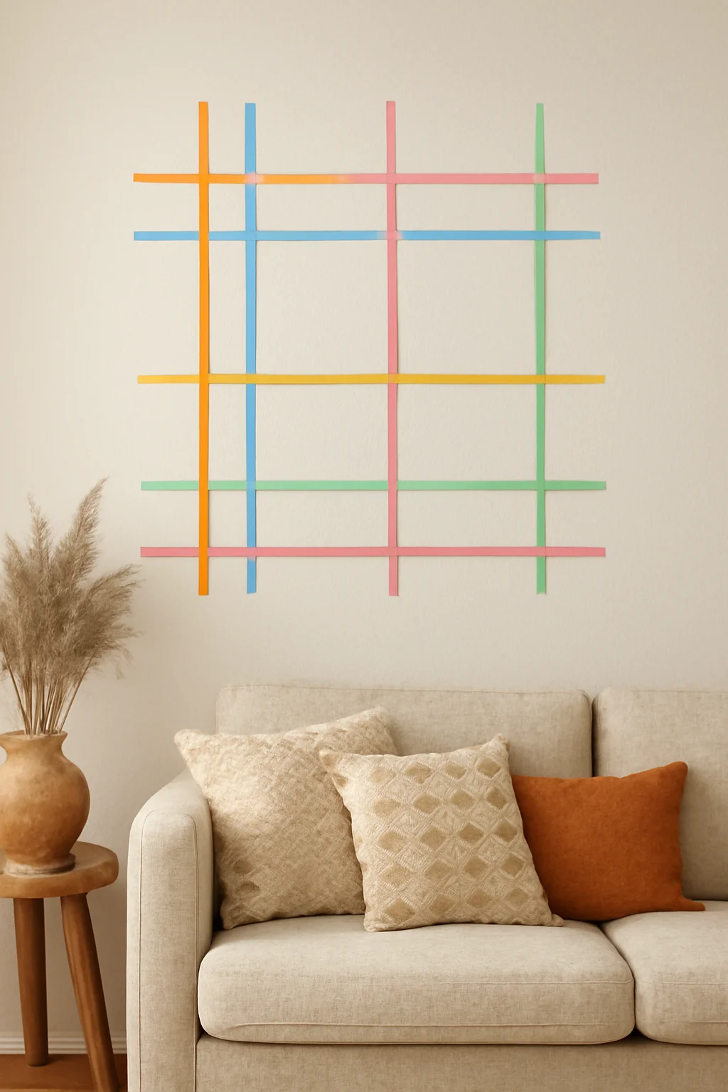 living room wall with colorful washi tape