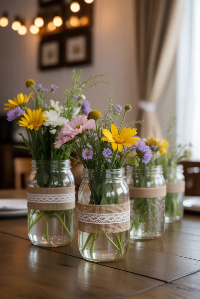 15 DIY Wedding Centerpieces Ideas to Elevate Your Special Day 3 mason jars filled with wildflowers