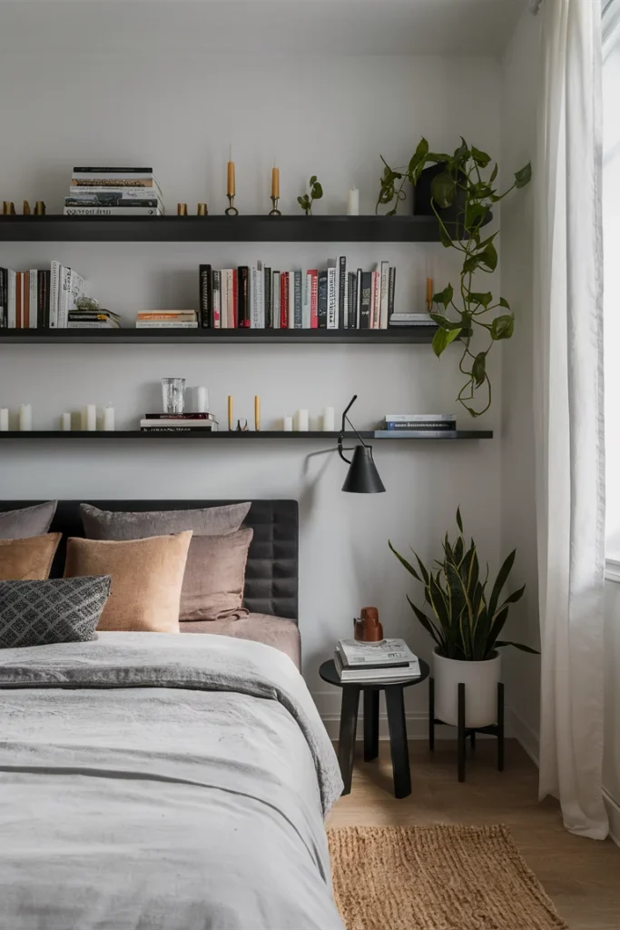 30 Aesthetic and Cute Bedroom Decor Ideas for Inspiration 5 minimalist bedroom with floating shelves dIJYuAlQ UXDxWVOrTdQ RbtsKMXLQ0258jk1CYc8WQ