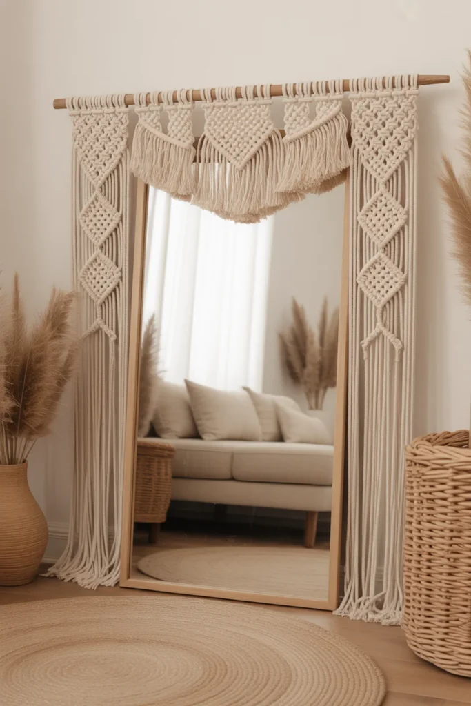 11 Bohemian Mirror Wall Decor Ideas to Elevate Your Space 4 mirror framed by a delicate macrame design