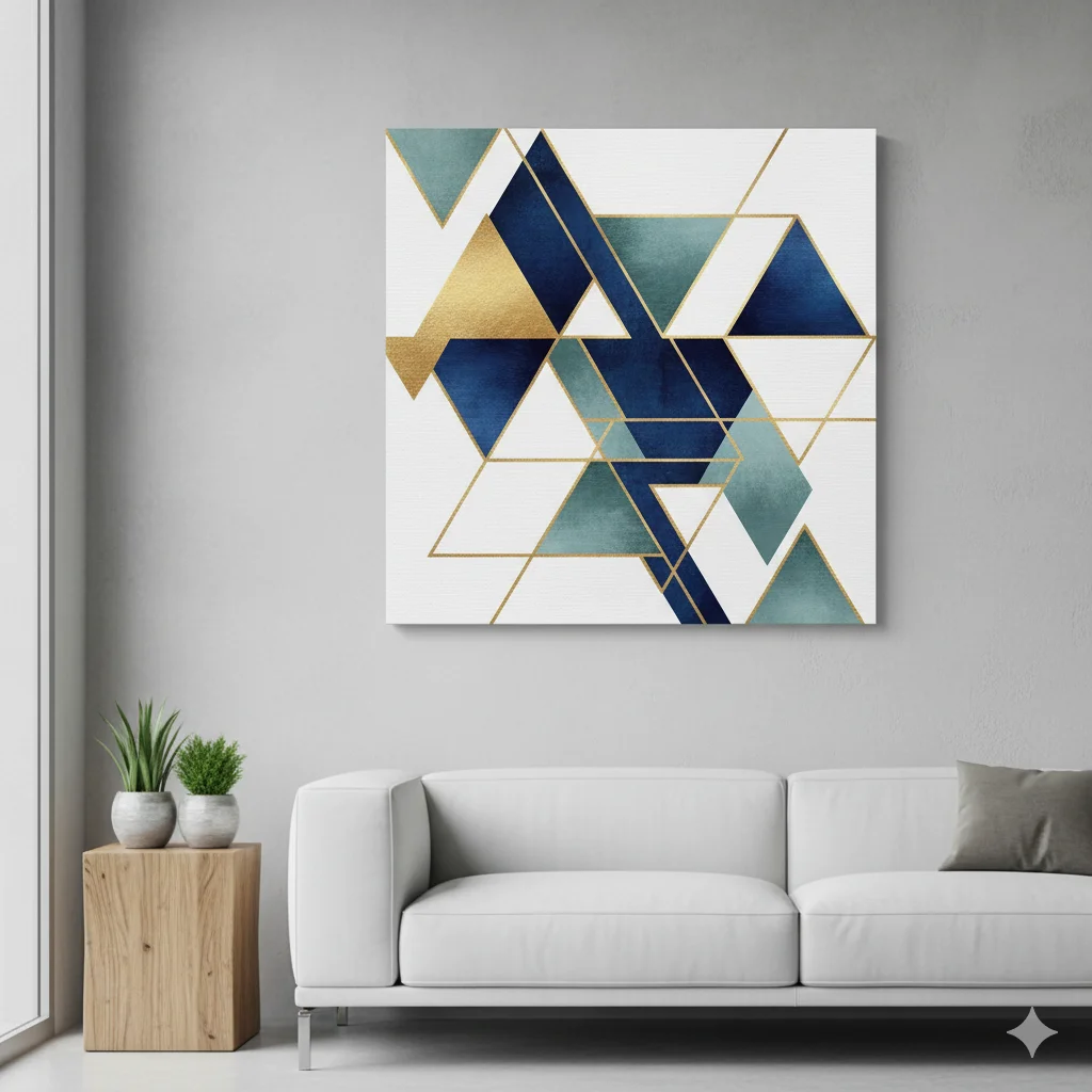 10 Modern Wall Art Ideas to Transform Your Space – Stylish Home Decor Tips 2 modern geometric wall art featuring interlocking blue and gold triangles