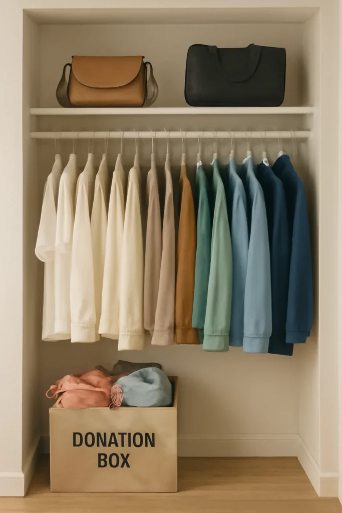 17 Things You Dont Really Need in Your Closet 3 olor coordinated clothes on slim hangers