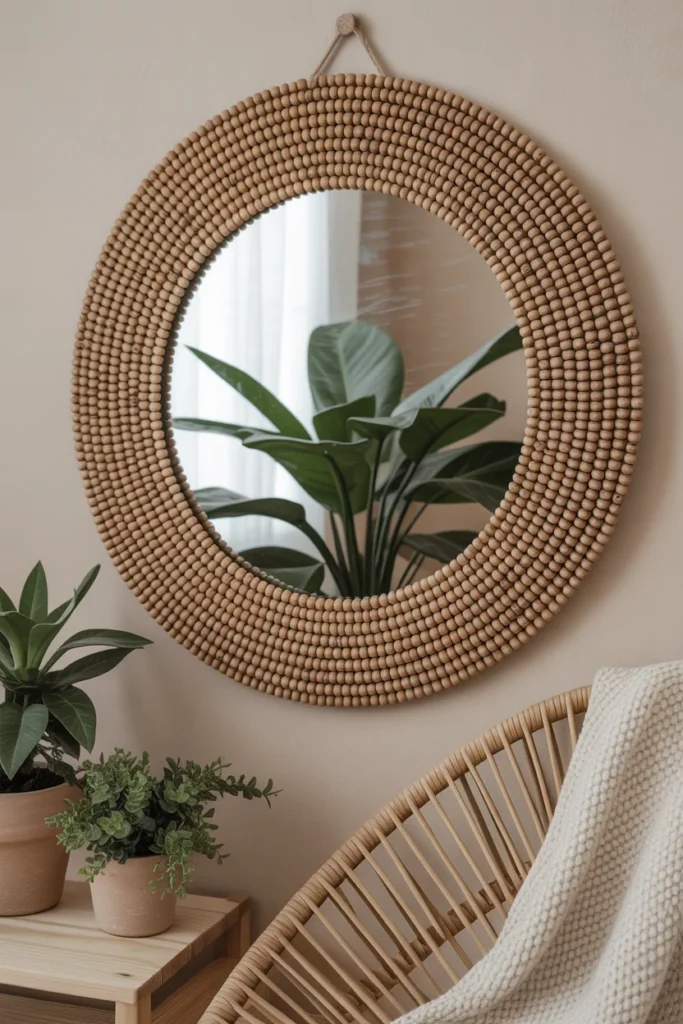 11 Bohemian Mirror Wall Decor Ideas to Elevate Your Space 5 round mirror framed with small earthy wooden beads