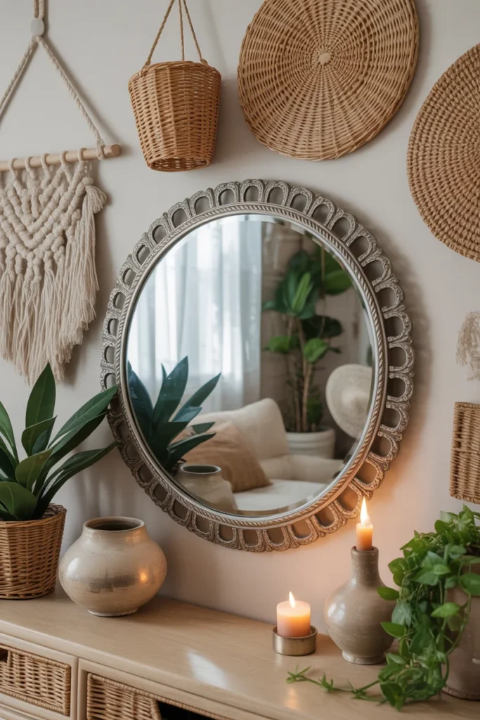 11 Bohemian Mirror Wall Decor Ideas to Elevate Your Space 3 round vintage mirror with an ornate metal