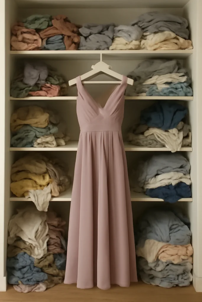 17 Things You Dont Really Need in Your Closet 6 single pastel bridesmaid dress hanging alone