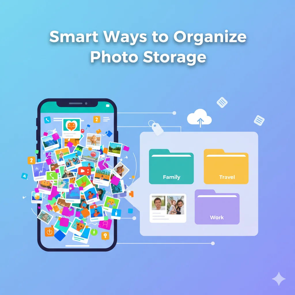Smart Ways to Organize Your Photo Storage: Tips for a Clutter-Free Digital Life 5 smartphone screen transforming into an organized