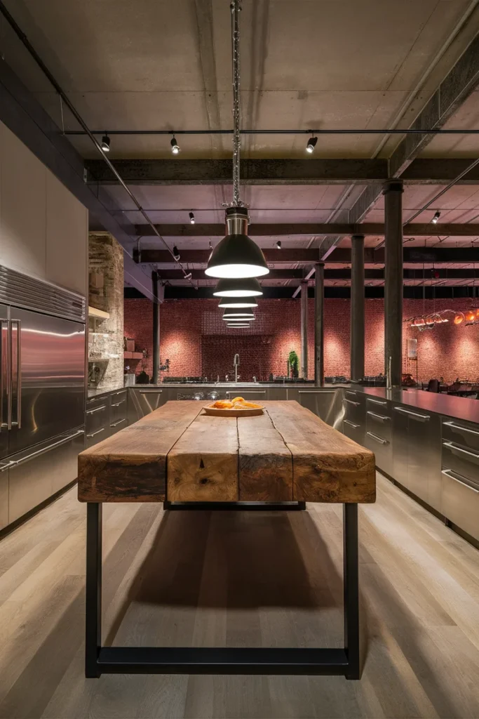 Industrial Kitchen with Wood Island and Brick Wall: Stylish & Functional Design Ideas 2 spacious industrial kitchen
