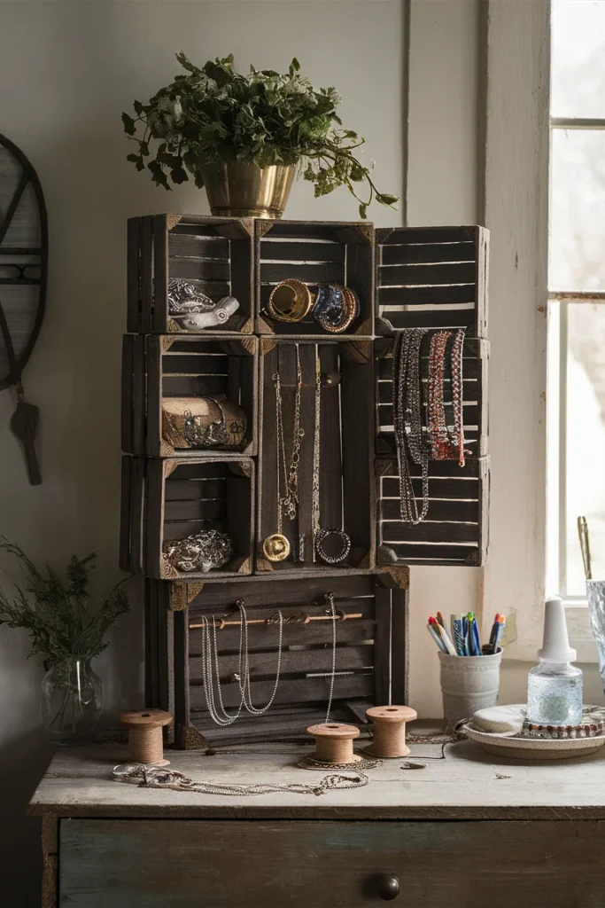 17+ Clever DIY Jewelry Storage Ideas to Keep Your Collection Tangle-Free 14 stacked wooden crates forming a jewelry cabinet