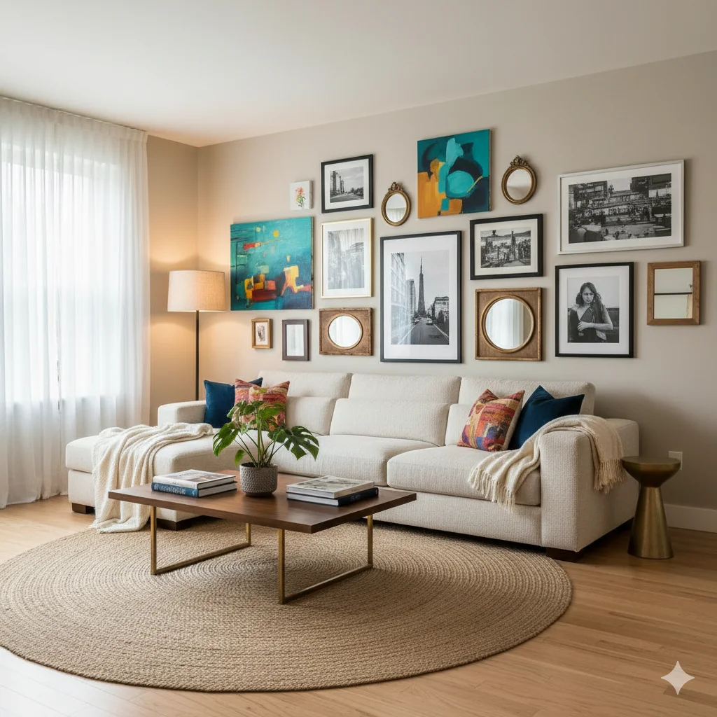 How to Decorate a Large Wall in Your Living Room: Creative and Stylish Ideas 2 stylish modern living room featuring a large asymmetrical gallery wall