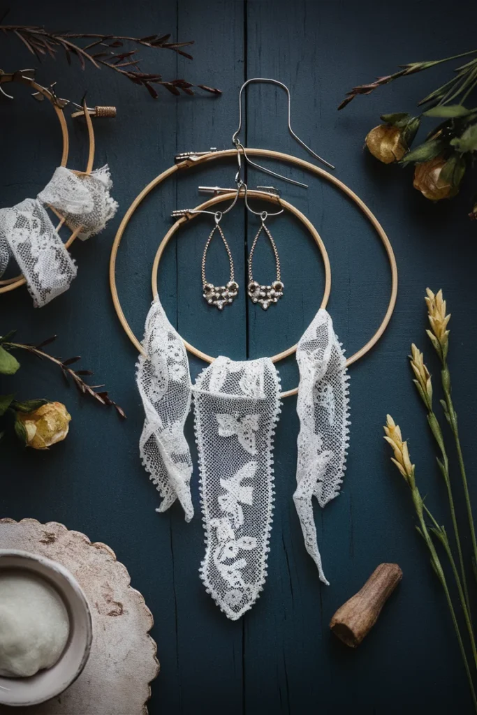 17+ Clever DIY Jewelry Storage Ideas to Keep Your Collection Tangle-Free 18 three connected embroidery hoops with white lace
