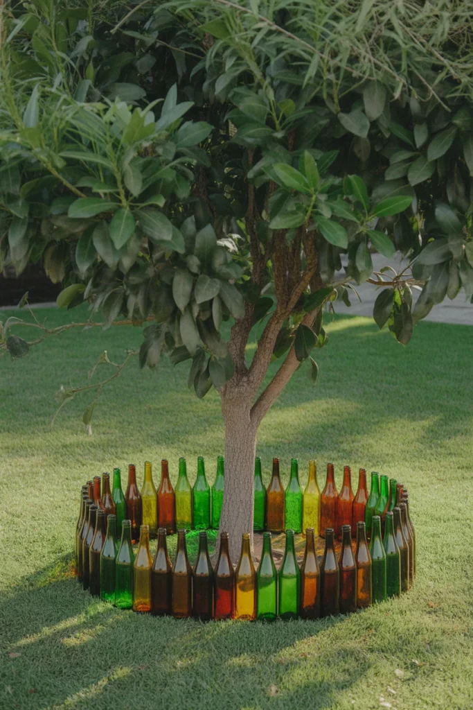 tree surrounded by a circular edging of bottle