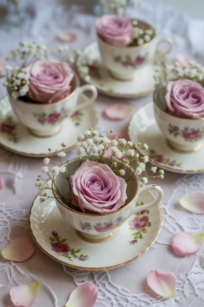 15 DIY Wedding Centerpieces Ideas to Elevate Your Special Day 7 vintage teacups filled with small flowers