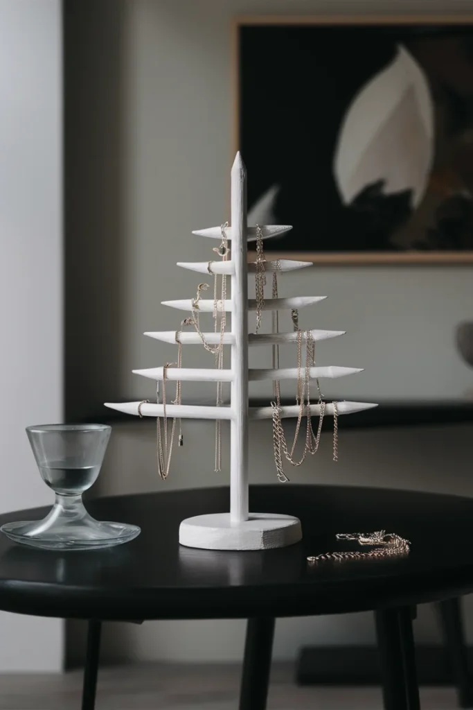 17+ Clever DIY Jewelry Storage Ideas to Keep Your Collection Tangle-Free 13 white painted pyramid stand