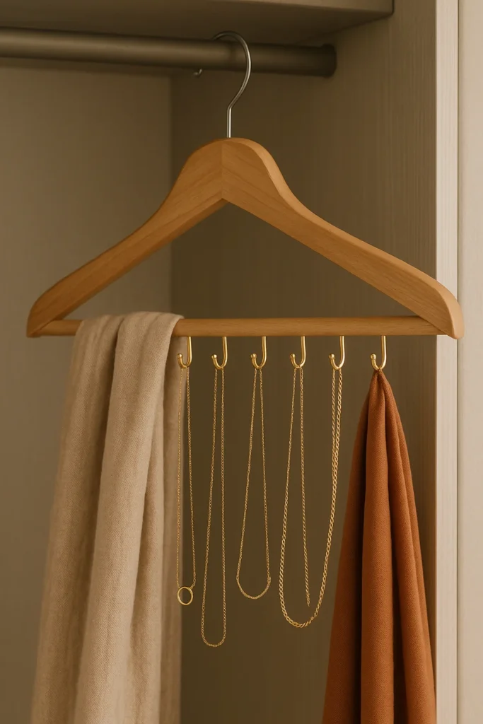 17+ Clever DIY Jewelry Storage Ideas to Keep Your Collection Tangle-Free 10 wooden clothes hanger customized with small gold hooks