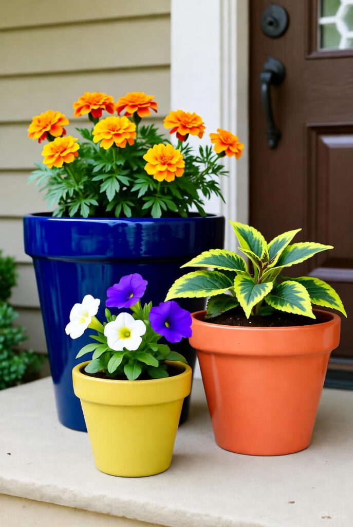 10 Easy Front Porch Flower Pot Ideas for a Charming Entryway 11 A beautifully styled front porch featuring vibrant glazed ceramic flower pots in jewel tones