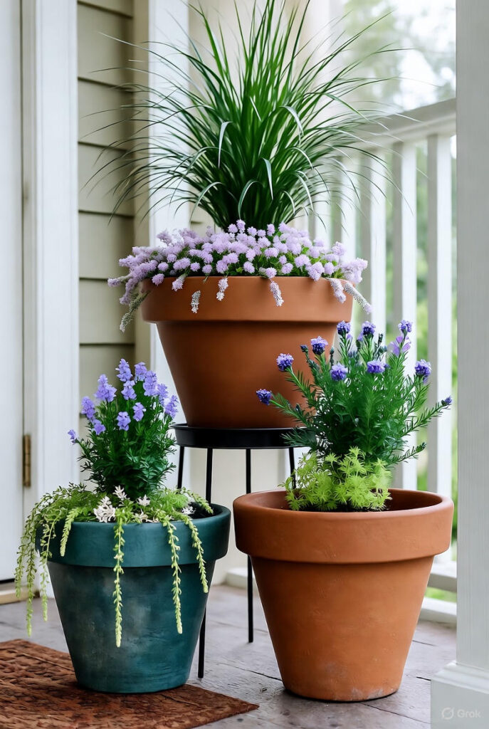 10 Easy Front Porch Flower Pot Ideas for a Charming Entryway 3 A charming front porch featuring a tiered container garden with stacked flower pots of varying sizes