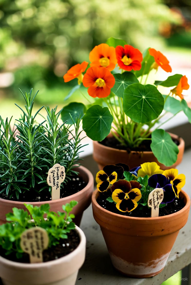 A cozy front porch garden combining beauty and functionality with pots filled with both herbs and flowers