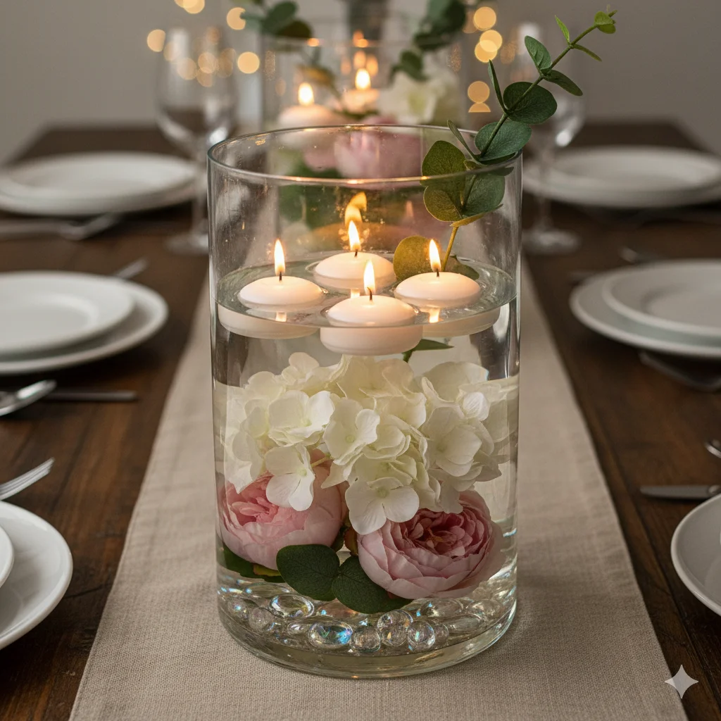 13 Dollar Tree DIY Home Decor Ideas on a Budget 5 A glass vase filled with water floating candles