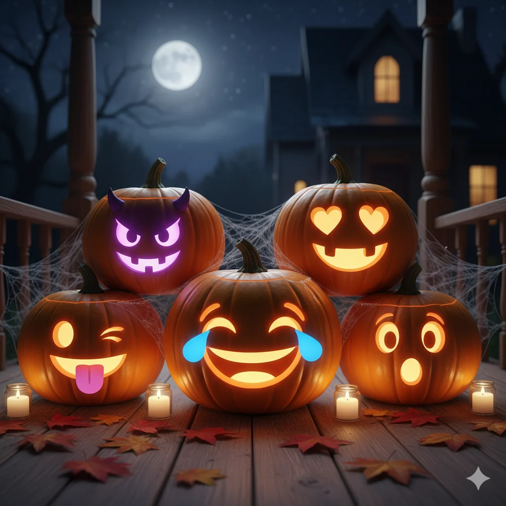 15 Pumpkin Carving Ideas for Halloween 2025 11 A group of pumpkins carved with different emoji faces