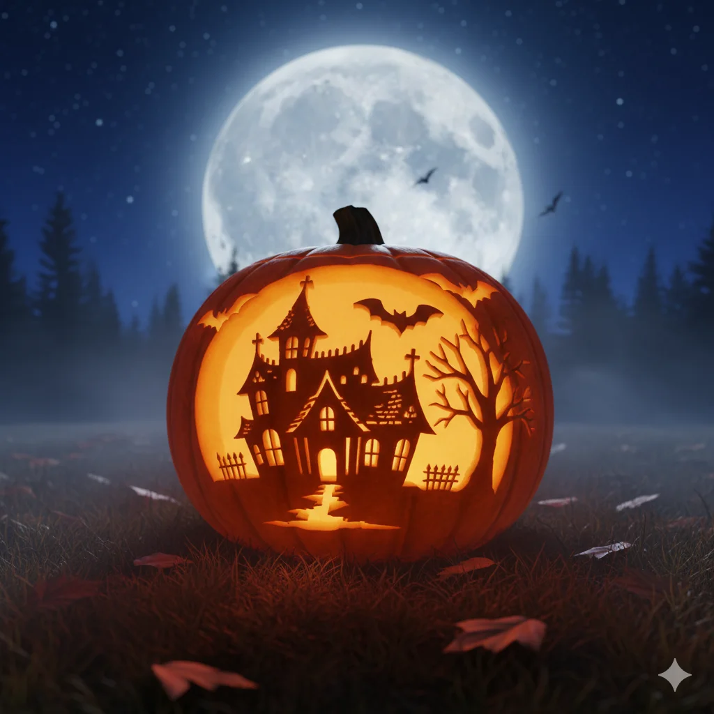 15 Pumpkin Carving Ideas for Halloween 2025 9 A large pumpkin carved with a haunted house silhouette