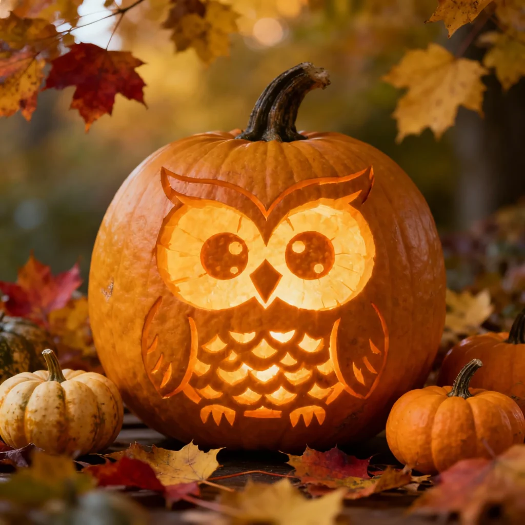 15 Pumpkin Carving Ideas for Halloween 2025 14 A pumpkin carved with a cute owl face