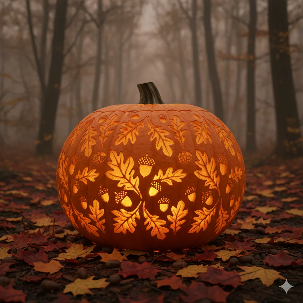 15 Pumpkin Carving Ideas for Halloween 2025 15 A pumpkin carved with fall leaves and acorn patterns