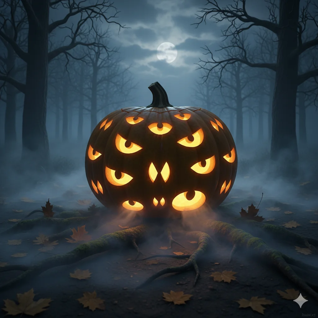 15 Pumpkin Carving Ideas for Halloween 2025 13 A pumpkin carved with glowing creepy eyes all around