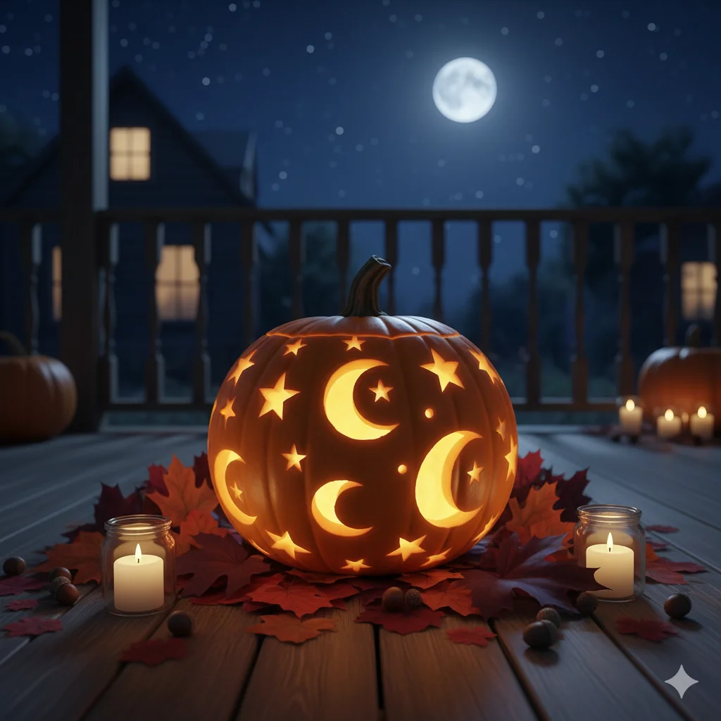 15 Pumpkin Carving Ideas for Halloween 2025 6 A pumpkin carved with moons and stars