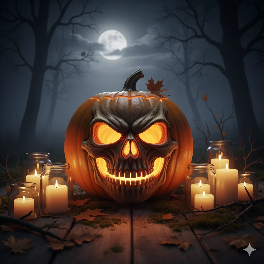 15 Pumpkin Carving Ideas for Halloween 2025 12 A realistic skull pumpkin carving glowing with yellow orange