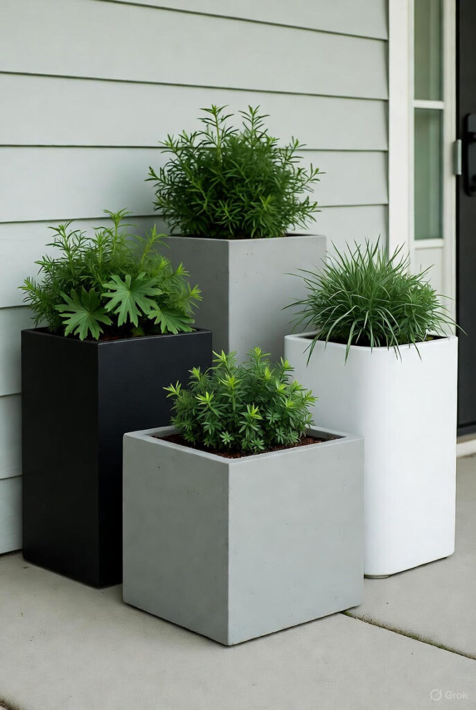 10 Easy Front Porch Flower Pot Ideas for a Charming Entryway 6 A stylish modern front porch with minimalist geometric planters in neutral tones